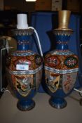 A pair of cloisonné vases that have been turned into table lamps.untested.