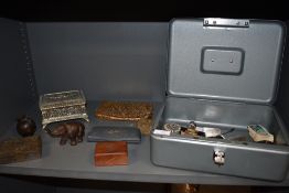 A miscellany of items including a Vanguard lockable metal box containing sugar nips, photo frame,