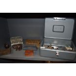 A miscellany of items including a Vanguard lockable metal box containing sugar nips, photo frame,