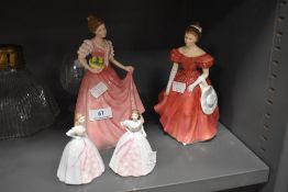 Two Royal Doulton figurines, and two smaller Coalport ones.