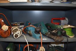 An assortment of power tools including drills and sanders etc brands such as Bosch and Black and