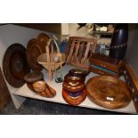 A selection of treen wood including burr dish and recipe book stand