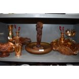 A Collection of Amber glass, some carnival glass also a rose bowl with figural insert and more.