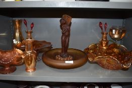 A Collection of Amber glass, some carnival glass also a rose bowl with figural insert and more.
