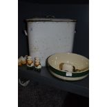 A green and white mixing bowl, a vintage enamel bread bin and several sets of novelty salt and