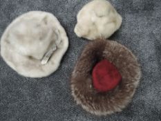 Three vintage 1960s hats, two mink and one fox fur, great condition.
