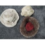 Three vintage 1960s hats, two mink and one fox fur, great condition.