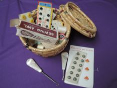 A small vintage sewing basket and contents of buttons and more also included is a large mother of