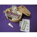 A small vintage sewing basket and contents of buttons and more also included is a large mother of