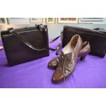 A pair of 1940s women's brown brogue style lace up shoes, around a size 7 and two vintage handbags,