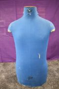A vintage male body form, having blue cotton covering over fibreglass. 'cleo 77 Changis sur