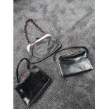 Three vintage 1950s and 60s black clasp fastening handbags, good condition.