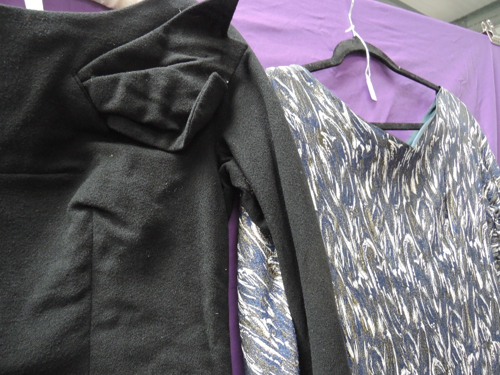 Two vintage 1950s dresses, one of black wool with Sylvia Mills label, the other in gold,navy and - Image 2 of 2