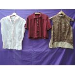 Three vintage blouses, one handmade 1940s in burgundy, one 1950s pink seersucker and another in
