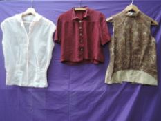 Three vintage blouses, one handmade 1940s in burgundy, one 1950s pink seersucker and another in