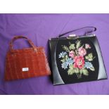 Two vintage handbags, one large one with floral needlepoint to front and the other reptile with