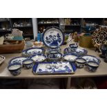 A mix of blue and white ceramics including Booths and Royal Doulton, includes plates, cups, bowls