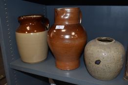 A selection of stone ware salt glazed jugs and similar style ginger jar