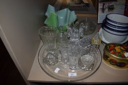 A selection of vintage glass, including 'Allenburys food measure' jug, green handkerchief bowl and