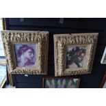 A pair of classical prints on shabby chic frames.