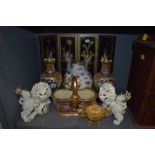 A selection of Chinese and oriental decorations including folding panel and fu dogs