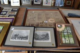 A mixed lot containing a pair of Local etchings, a needle work A framed cricket T towel from 81