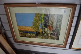 A surrealist depiction of Adam and Eve in various fabrics, signed Gallie Brewster.