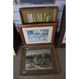 A selection of artworks including impressionist oil on board and watercolour