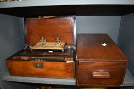 A mahogany cased and brass banded writers compendium with similar ink stand and pine drawer unit