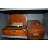 A mahogany cased and brass banded writers compendium with similar ink stand and pine drawer unit