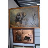 An elephant print on board and and copper backed similar clock.