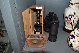 A scientific microscope and set of Halina binoculars 12x50 and a pair of Carl Zeiss teleater 6x