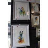 Two impressionist watercolours depicting hares, both indistinctly signed.