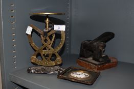 A mechanical set of balance kitchen or chemist scales by Columbus, travel clock and industrial