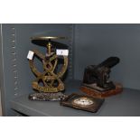 A mechanical set of balance kitchen or chemist scales by Columbus, travel clock and industrial