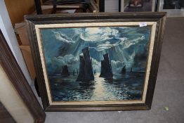 An original oil on board depicting moon light sailing