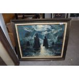 An original oil on board depicting moon light sailing