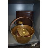 A leather bound case jam pan and biscuit tin
