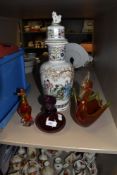 A selection of colour glass wares including Mirano style and scent bottle