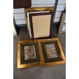 An assortment of prints and ornate frames.