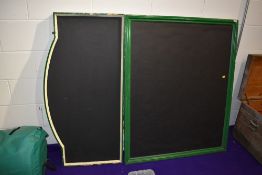 Two large wooden signs, frames painted green with blackboard main parts, largest approx. 123 x