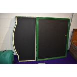 Two large wooden signs, frames painted green with blackboard main parts, largest approx. 123 x