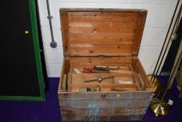 A vintage wooden box, and collection of tools