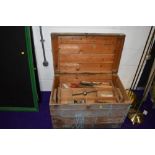 A vintage wooden box, and collection of tools