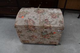 A vintage dome top bedding box, containing a good quantity of vintage fabrics in various designs
