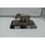 A White Metal Model of a Rhinoceros on a stone plinth inscribed Salamanca BKS Warrant Officers and