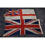 Two vintage Flags, Royal Navy White Ensign and Stitched Union Jack , both approx 40cm x 85cm