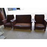 A fine three piece Art Deco leather club chair and sofa set, good solid frames and leather good with