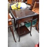 A late Victorian, square top occasional table, the frieze drawer having Aesthetic brass handle ,
