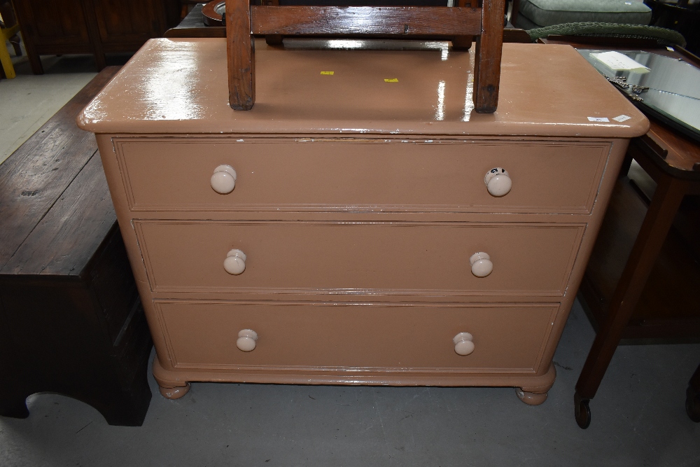 A Victorian painted pine chest of three drawers , width 104cm, depth 48cm, height 80cm